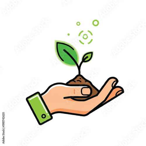 A hand nurturing a small green plant with leaves and soil.