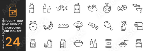 Premium Grocery Food & Product Line Icon Set – Fruits, Meat, Pasta, Beverages, Snacks, Sauces & Candy Editable Stroke Vector EPS Collection