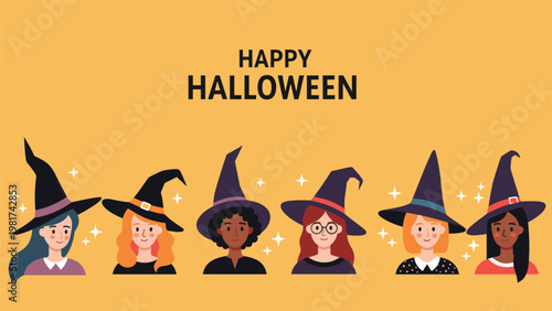 Diverse group of women dressed as witches wearing pointed hats for halloween celebrations on a solid yellow background.