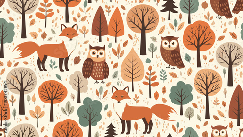 Charming autumn forest seamless pattern featuring orange foxes, wise owls, and various colorful fall trees on an ivory base.