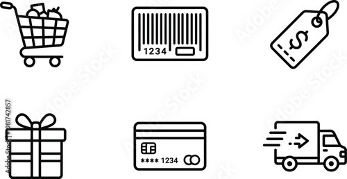 Collection of simple icons representing online shopping and commerce elements.