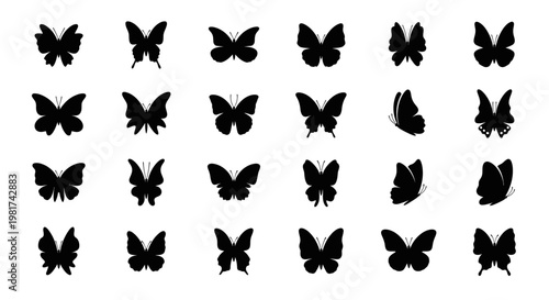 Collection of various butterfly silhouettes flying.