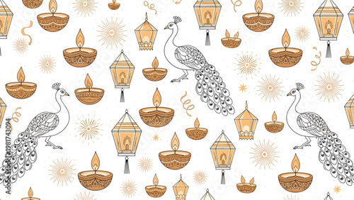 Beautiful seamless pattern for Diwali celebrations featuring peacocks, oil lamps, lanterns, and festive fireworks on white.