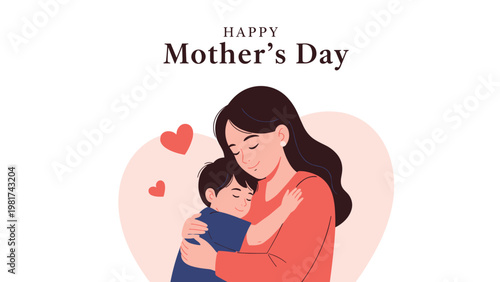 Happy mother's day greeting illustration with a loving mother hugging her young son against a heart shape backdrop.