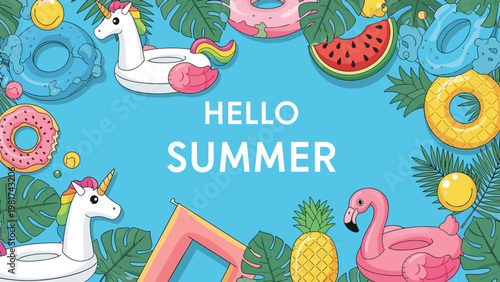 Hello summer background with colorful inflatable pool floats tropical leaves and fruits on a bright blue background.