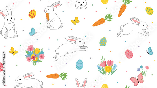 Cute easter seamless pattern with white bunnies colorful eggs carrots spring flowers and butterflies on white.