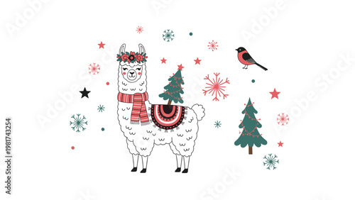 Cute christmas llama wearing a flower crown and scarf with a pine tree on its back surrounded by snowflakes.
