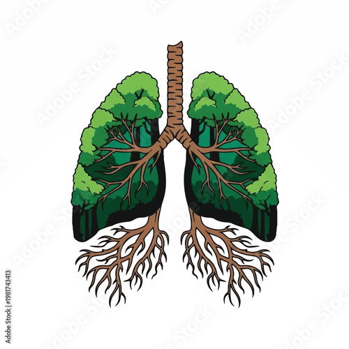 Illustration of lungs made of green trees with brown roots and trachea