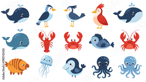 Collection of cute cartoon sea creatures and birds including whales lobsters crabs fish and an octopus on white.