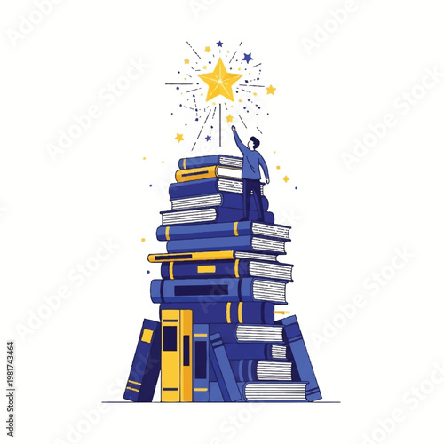 A person stacking books reaches for a shining star on top.