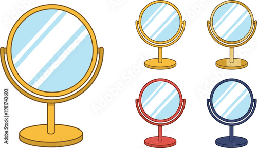 Set of tabletop mirrors illustration with different colors and sizes, cosmetic vanity accessories collection and personal grooming concept minimal design