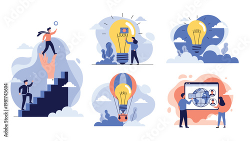 Business success and professional growth concepts showing people achieving goals developing ideas and connecting globally.