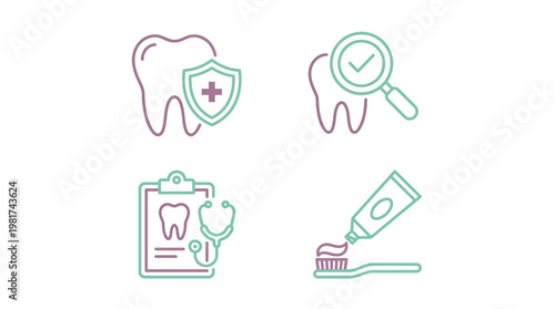 Dental health and hygiene icons tooth protection examination treatment and daily care essentials