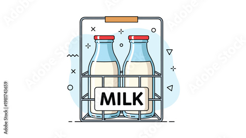 Simple illustration of two glass milk bottles sitting in a metal wire carrier crate on a white background.