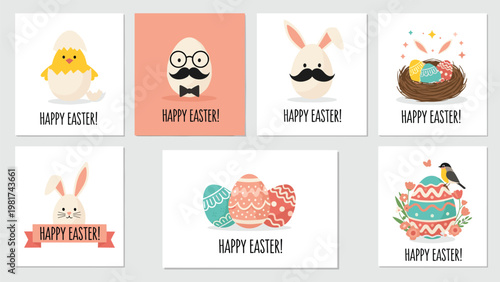 Set of charming happy easter cards featuring cute chicks bunnies decorated eggs and birds in a soft pastel palette.