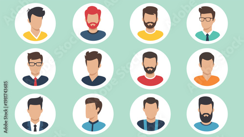 Grid of diverse male avatar icons in circular frames featuring various hairstyles beards and clothing styles on green.
