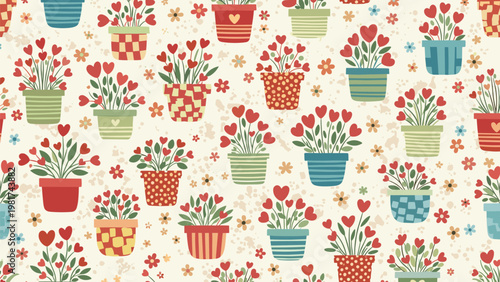 Lovely seamless pattern of various colorful flower pots filled with green plants and romantic red heart shaped blooms.