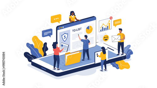 Group of small business people collaborating and managing tasks around a giant smartphone screen with to-do list apps.