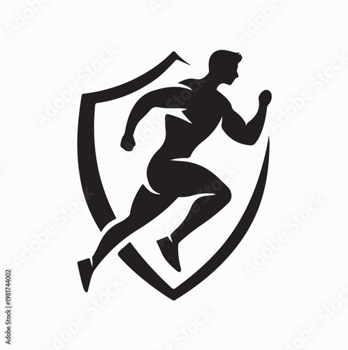 Simple Marathon Runner Silhouette Shield Logo Vector Illustration