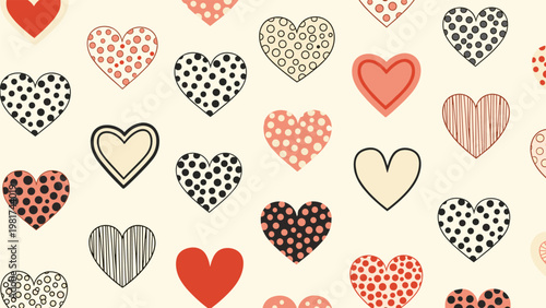 Romantic seamless pattern showing many red, pink, and beige hearts with various decorative dots and stripes patterns.