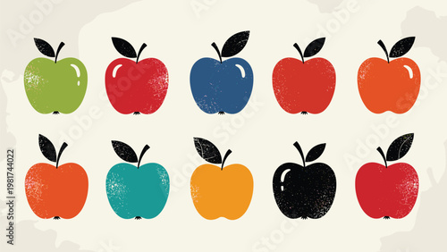 Set of ten colorful stylized apple icons in various shades like red, green, blue, and yellow on a textured background.