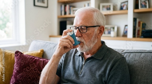Elderly man sitting on a comfortable couch at home using a blue asthma inhaler. Senior healthcare, respiratory disease management, asthma relief.