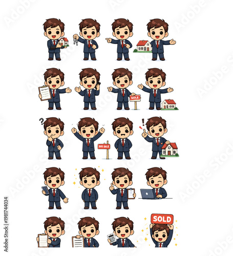Chibi-style real estate illustration set showing the home buying journey, including searching listings, house visits, mortgage discussion, contract signing, key handover, and moving in. Friendly chara