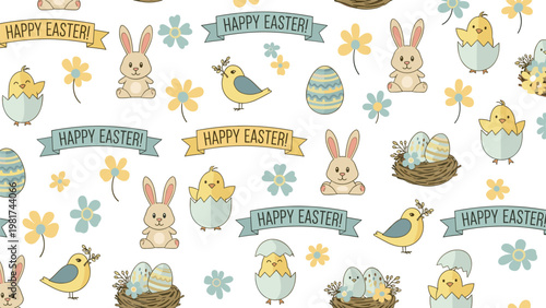 Colorful Easter seamless pattern with cute rabbits, baby chicks, decorated eggs, and banners on a white background.