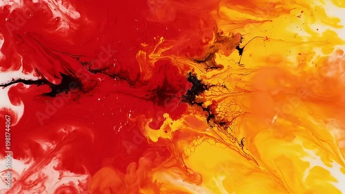 Wallpaper Mural Red and yellow paint splashing with black liquid on white Torontodigital.ca