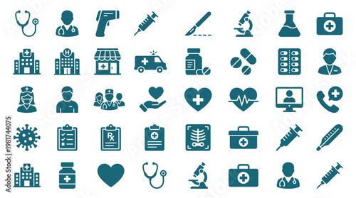 Comprehensive healthcare and medical icons set a visual representation of modern medicine and patient care