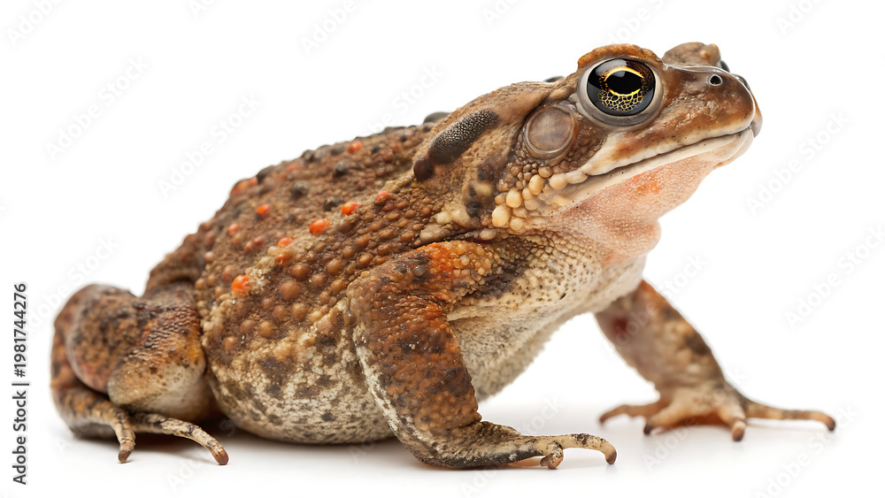 Fototapeta premium Highly Detailed Photorealistic Close-up of a Brown Toad with Textured Bumpy Skin and Sharp Golden Eyes, Realistic Amphibian Digital Illustration Isolated on a Pure White Background.