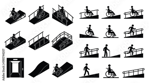 Accessibility icons a comprehensive set depicting ramps elevators and wheelchair users for inclusive design