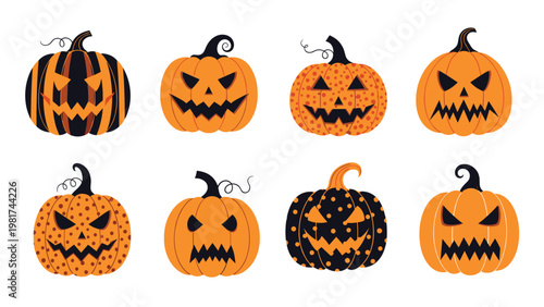 Set of eight different carved Halloween pumpkins with spooky faces and various patterns on a white background.