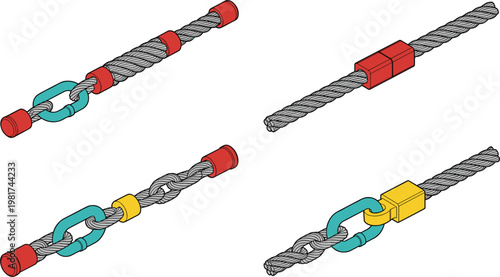 Steel cable connectors set illustration with hooks and couplers, industrial rigging equipment and heavy duty fastening systems minimal design