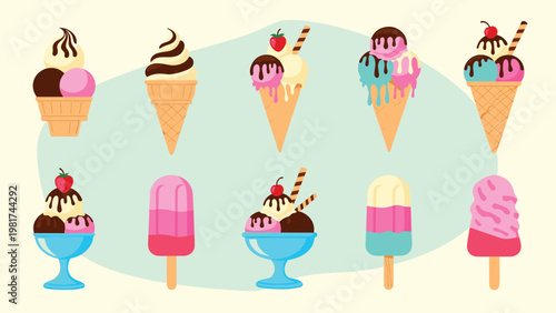 Delicious selection of ten various ice cream cones, bowls, and popsicles in different flavors and colors.