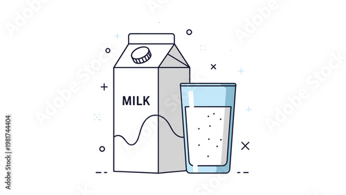 Simple clean illustration of a white milk carton and a full glass of fresh milk on a white background with icons.