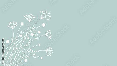 Minimalist botanical illustration featuring white line drawings of delicate wild flowers on a soft blue background.