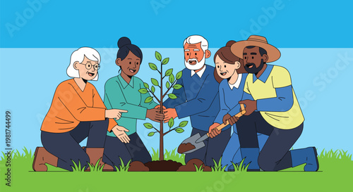 Diverse group of people planting a young tree together in a grassy field, symbolizing community, environmental care, and teamwork.