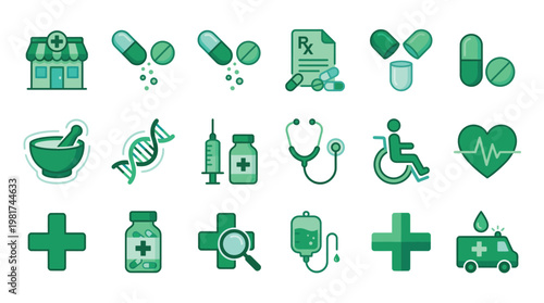 Comprehensive medical icons set pills healthcare tools and emergency services in teal tones