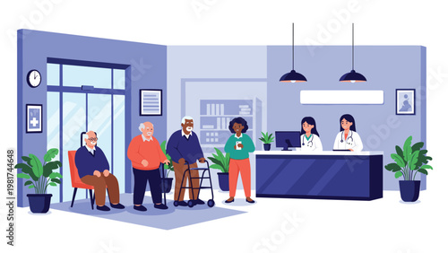 Busy medical clinic waiting room with diverse elderly patients sitting or standing near the reception desk with doctors.