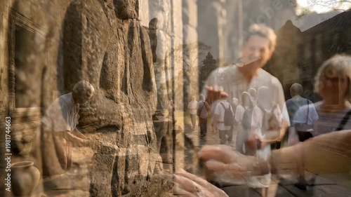 Tourists Explore Ancient Angkor Wat Temple Complex in Cambodia Experiencing World Heritage Site Culture and History