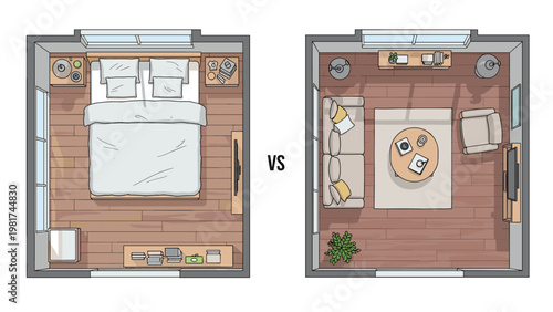 Floor plan comparison shows a top down view of a bedroom versus a living room layout with furniture and decorative indoor plants.