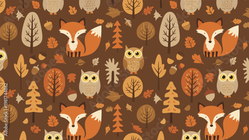 Autumn woodland pattern features cute foxes and owls among colorful forest trees, falling leaves, and acorns on a dark brown background.