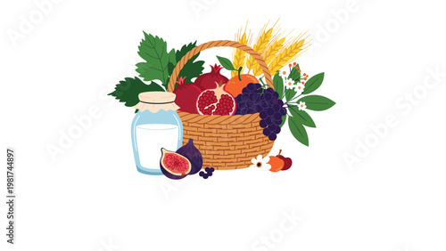 Wicker basket overflowing with pomegranates and grapes sits beside a jar of milk and fresh figs for a harvest themed illustration.