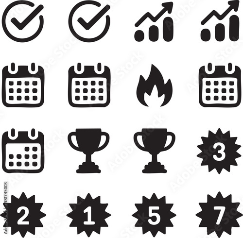 Vector graphic illustration of business and achievement icons including checkmarks, charts, calendars, trophies, and star ratings for success and goal tracking