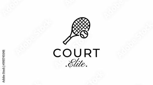 This logo design features a tennis racket and ball, symbolizing an elite athletic brand focused on tennis, luxury, and sportsmanship in a minimalist style.