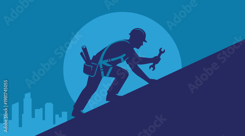 A silhouette of a dedicated worker skillfully adjusting elements on a rooftop against a vibrant blue background, showcasing the essence of hard work and craftsmanship.