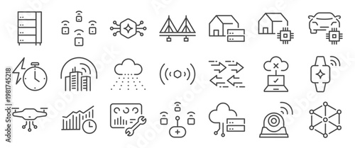 Edge computing icon set. It includes server, cloud, online, IoT, and more icons. Editable Vector Stroke.