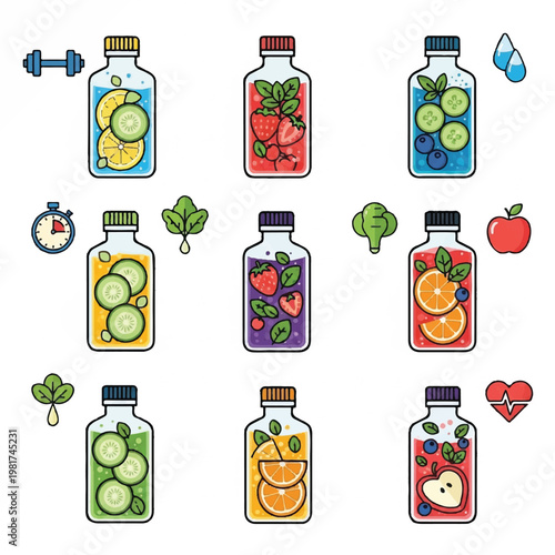 Various infused water bottles with fruits and vegetables are displayed on a clean surface.
