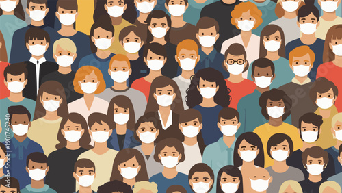 Large crowd of diverse people are all shown wearing white protective medical face masks to prevent the spread of respiratory illness.